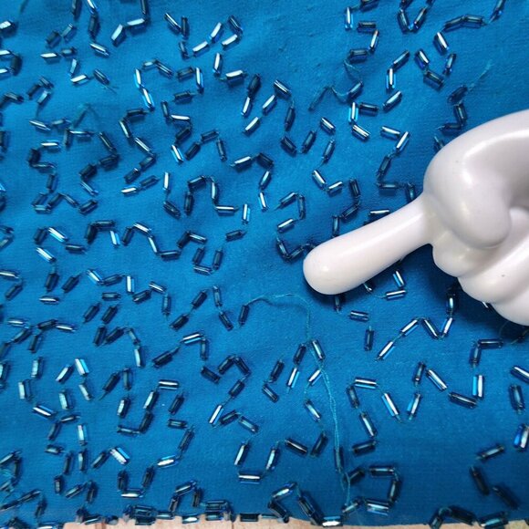 Vintage Alyce Designs Blue Sequin Gown With Beaded Patterns Long Sleeves & Front - Picture 8 of 11